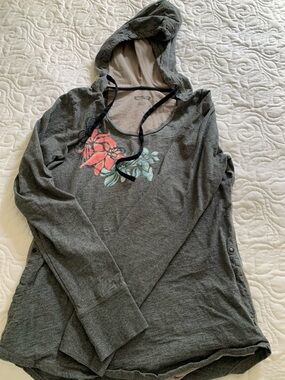 Women’s Charcoal Hooded Pullover with Coral Floral Accent